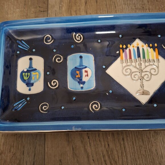Rite Lite Hand-Painted Ceramic Chanukah Serving Tray Silver Accents 16" x 6" - Picture 2 of 9